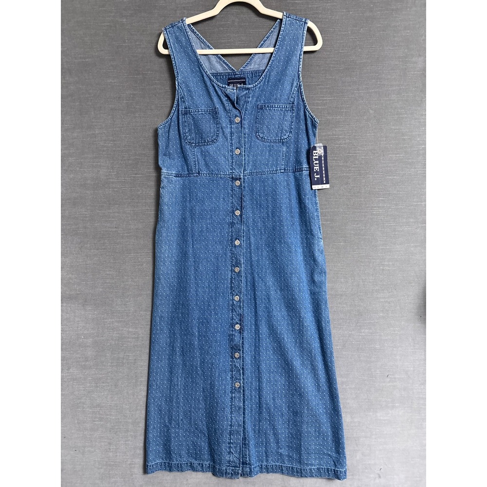 Vintage Blue J Jumper Dress M Blue Denim Polkadot Cotton Button Overall Midi
